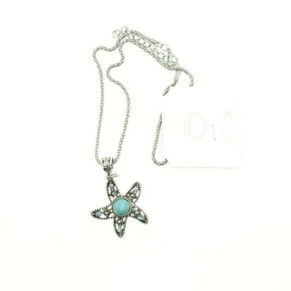 Silver-Tone Turquoise Starfish Necklace - Picture 2 of 7